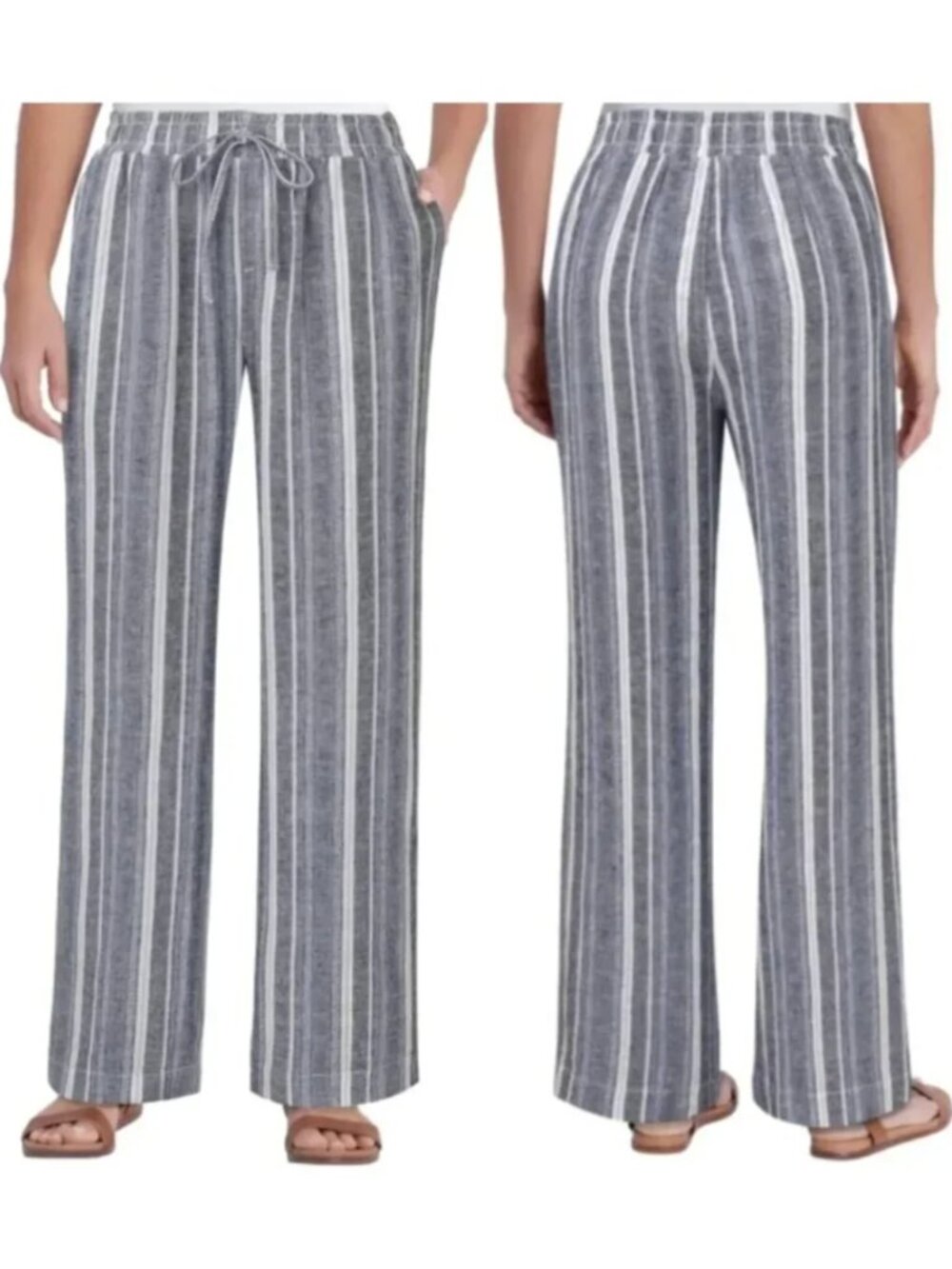 BRIGGS Linen Blend Pant Navy Blue White Blue Pull On Drawstring Relaxed Fit Boho